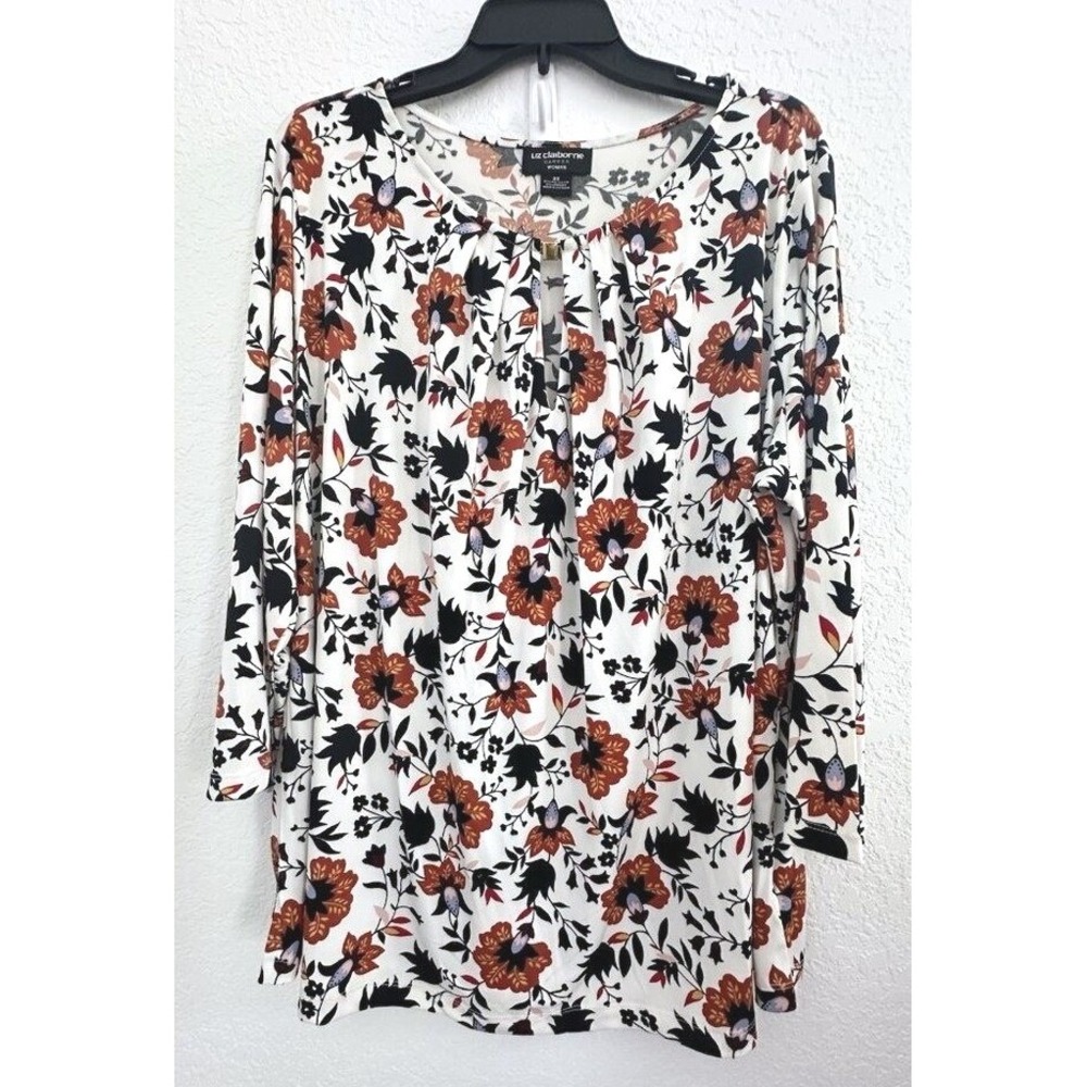 Liz Claiborne Career Modest Floral Fairy Boho Womens Blouse 2X Cream Keyhole